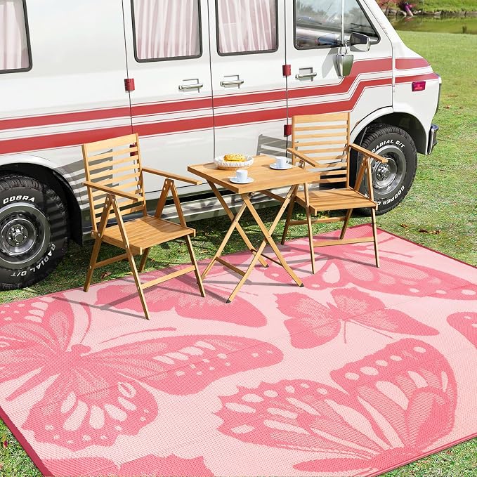 Anidaroel Pink Camping Rug for Outside RV, 8'x10' Waterproof Outdoor Rug for Patio Clearance, Reversible Plastic Straw Outside Rug, Outdoor Camping Mat for Deck, Camper, Backyard, Picnic(Pink,8‘X10')