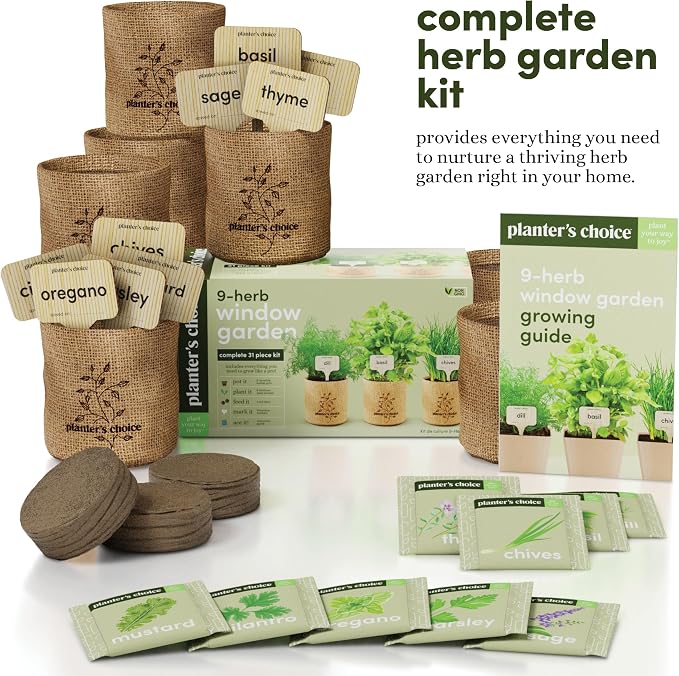Planters' Choice 9 Herb Indoor Window Garden Kit - Birthday Gifts - House Plants Seeds - Best Unique Gift Ideas for Women, Mom, Friend, Her, Housewarming, Mother - Live Plant Starter, Gardening Lovers