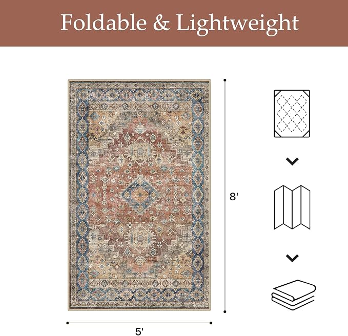 GENIMO Outdoor & Indoor Area Rug 5'x8', Waterproof, Non-Shedding, Easy Cleaning, Boho Mat for Patio, Living Room, Balcony, Dining Room, RV, Deck, Bedroom, Camping, Outside Carpet,Antique Red