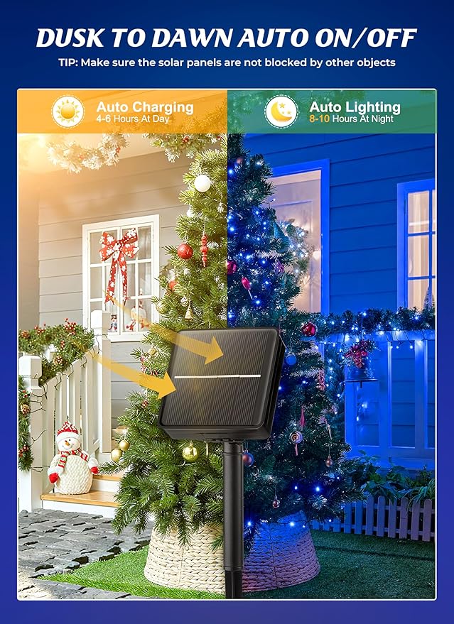 Brightown 2 Pack Solar String Lights Outdoor,Total 80FT 200 LED Solar Powered String Lights Waterproof with 8 Modes, Auto On/Off, Patio Lights for Outside Tree Garden Balcony Party Decor (Blue)