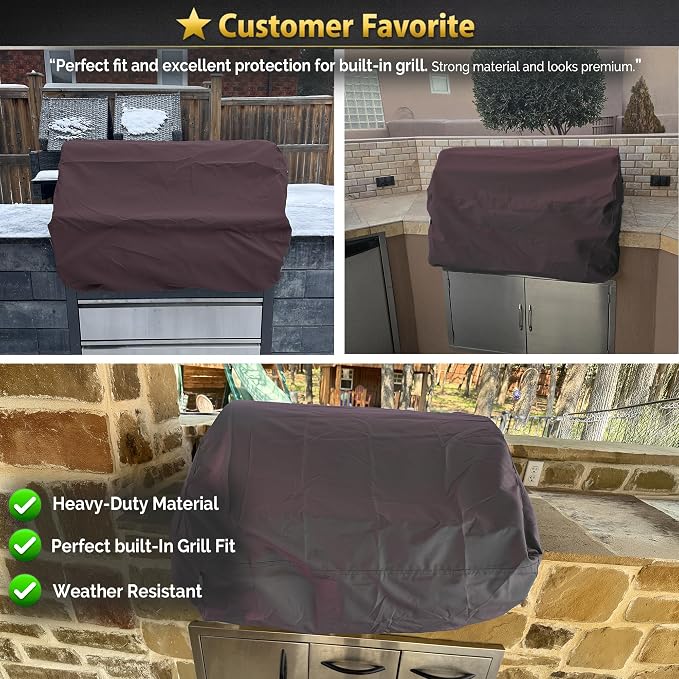 Covers & All Built-in Grill Cover for Outdoor Grill – Heavy Duty 12 oz Waterproof Built-in BBQ Grill Cover, PVC-Coated Polyester with Elastic Hem for Snug Fit (36 x 26 x 24 inches, Coffee)