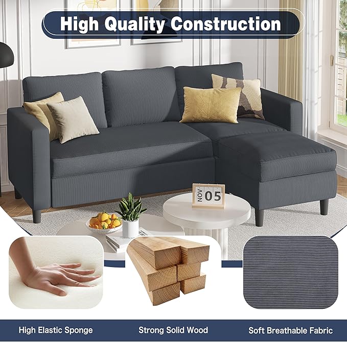 Shintenchi Modern Upholstered Sectional Sofa, L-Shaped Couch with Reversible Chaise for Living Room, New Corduroy Fabric