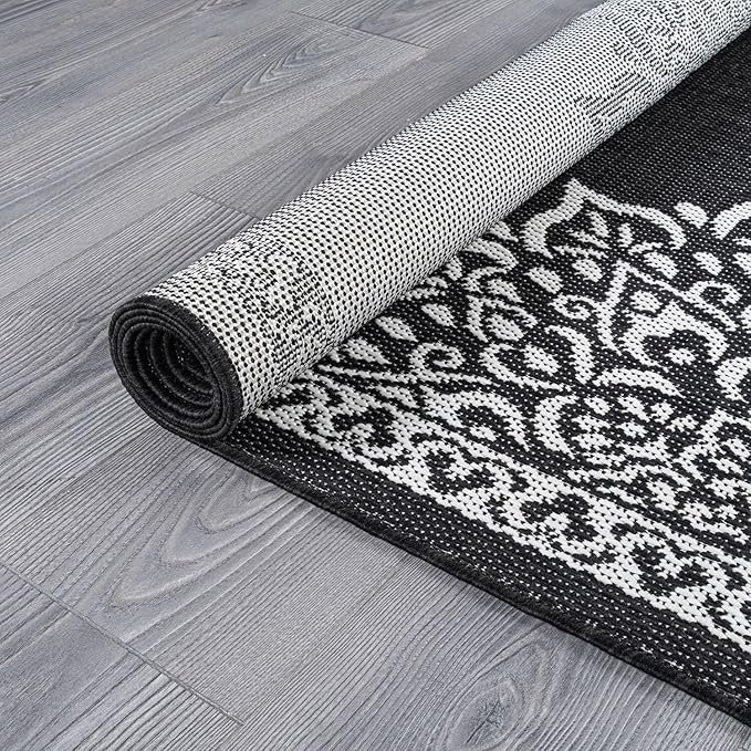 CAMILSON Outdoor Rug, 9x12 Medallion Black White Modern Area Rugs for Large Indoor and Outdoor Patios, Kitchen and Hallway Mats, Washable Porch Deck Outside Carpet (Medallion Black, 9 x 12)