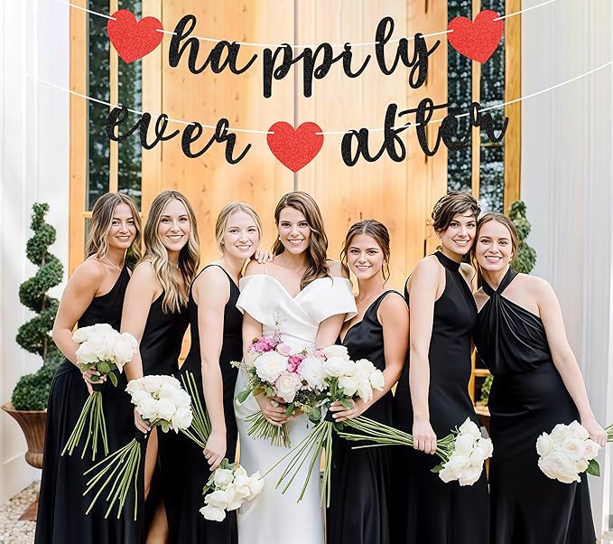 Pre-Strung Happily Ever After Banner - Black Glitter Bachelorette Bridal Engagement Party Decoration Supplies, Bachelorette Wedding Party Banner for Engagement, Bridal Shower, Wedding Party Photo Booth Props