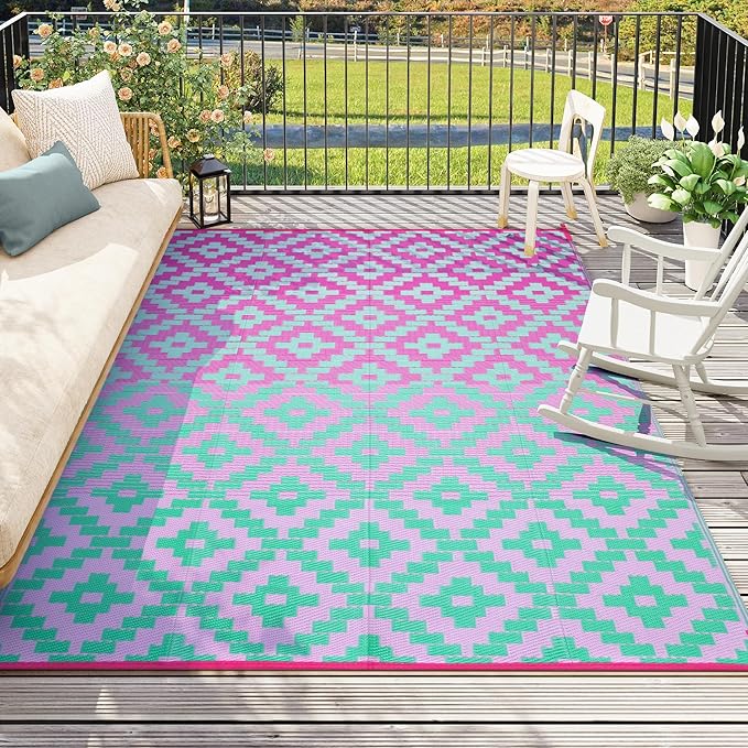 Anidaroel Ombre Outdoor Area Rugs 8x10 Waterproof, Reversible Plastic Straw Outside Rug for Patios Clearance, Large Outdoor Area Rug for RV Camping, Picnic, Camper, Backyard(Green&Pink,8‘x10')