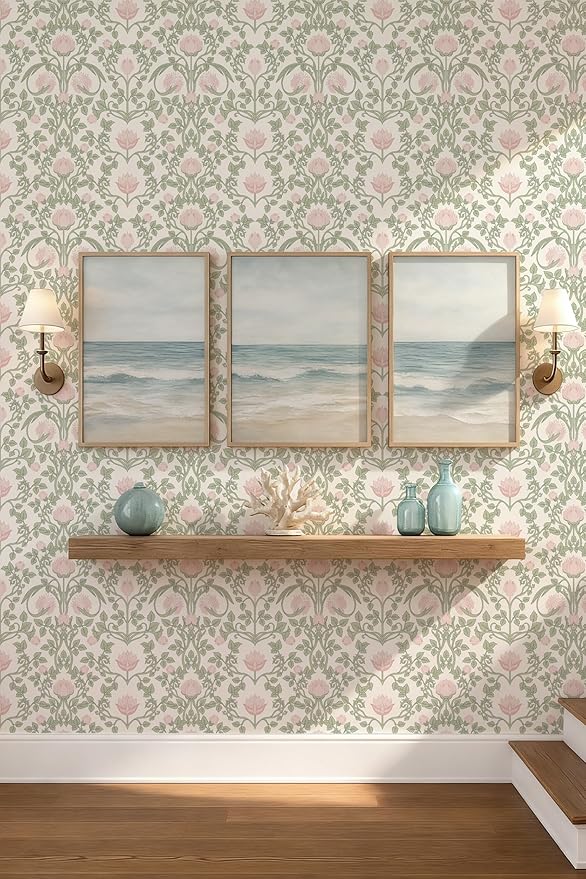 YXTII 590.5" × 17.3" Floral Wallpaper Peel and Stick Pink and Green Wallpaper