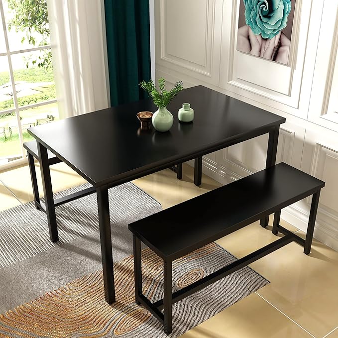 AWQM Dining Table Set for 4, Kitchen Table Set with 2 Benches, 47.2Inch 3-Piece Dining Room Table Set with Metal Frame and MDF Board, Sturdy Structure, Space-Saving, Black