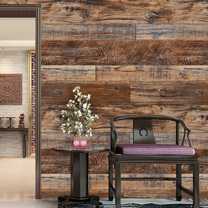 WENMER 11.8" x 78.7" Brown Wood Peel and Stick Wallpaper Shiplap Self Adhesive