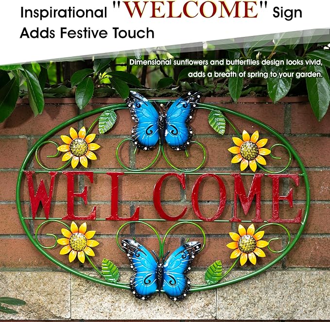 Glitzhome Metal Welcome Wall Decor - Outdoor/Indoor Vibrant Sunflower & Butterfly Garden Art for Porch Patio Yard