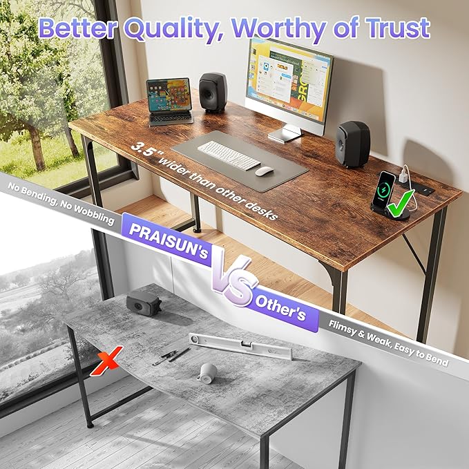PRAISUN 55 X 20 Inch Office Computer Desk with Power Outlets and USB-C Port, Larger and Longer Gaming Desk, for Home Office, Study, Bedroom, Writing Work from Home Table, Metal Frame, Rustic Brown