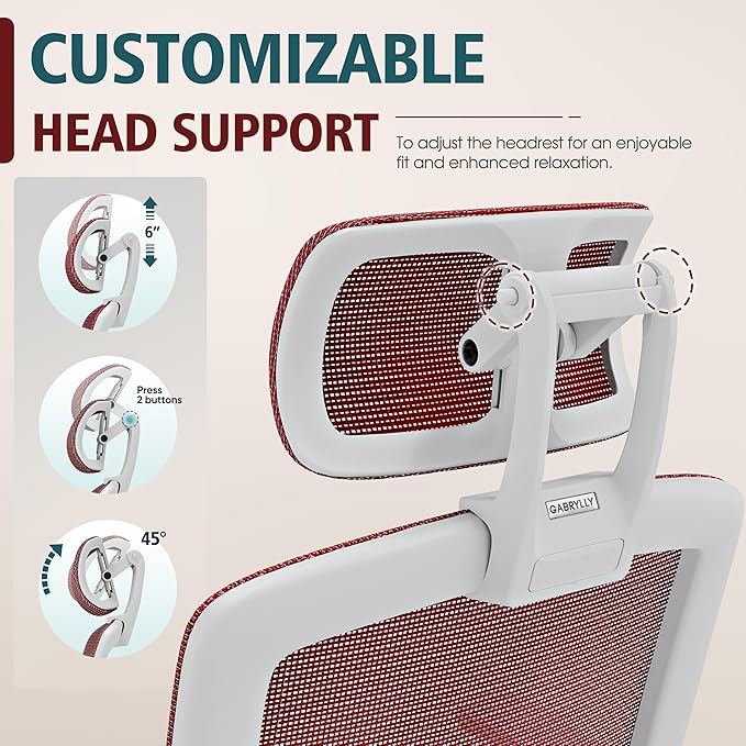 GABRYLLY Ergonomic Office Chair, High Back Home Desk Chair with Headrest, Flip-Up Arms, 90-120° Tilt Lock and Wide Cushion, 300LBS Mesh Chairs for Man Woman, White Task Chair(Red,GY01WR)