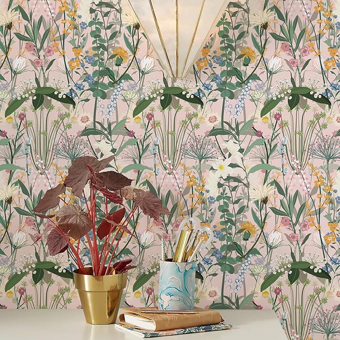JiffDiff Floral Wallpaper Peel and Stick 17.3"x472" Pink Farm Wildwood Stick on