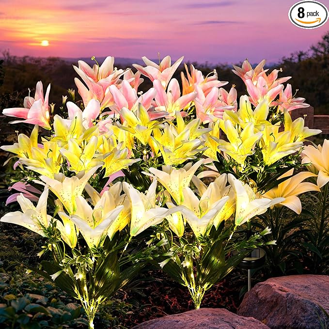 GIGALUMI Solar Garden Lights, 8 Pack LED Lily Garden Decor Carefree Solar Flowers Outdoor Waterproof, Yard Decorations Outdoor, Allergy-Free Light up Flowers for Yard Patio (4Pink, 2White, 2Yellow)