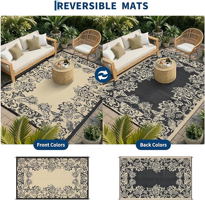 Garvee Outdoor Rugs 9’x12’ Waterproof Reversible Mats, Large Area Plastic Straw Rug, Outside Carpet, Butterfly Floral Rv Mat for Patio Camping Picnic Backyard Deck Balcony Porch Beach Trailer