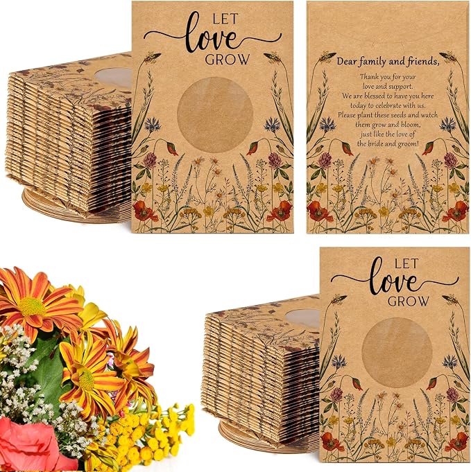 Fumete 50 Pcs Let Love Grow Seed Packets Cool Wedding Favors for Guests Kraft Envelope Kraft Bag with Window Flower Resealable Seed Storage Packets for Wedding Party Favors Bridal Shower