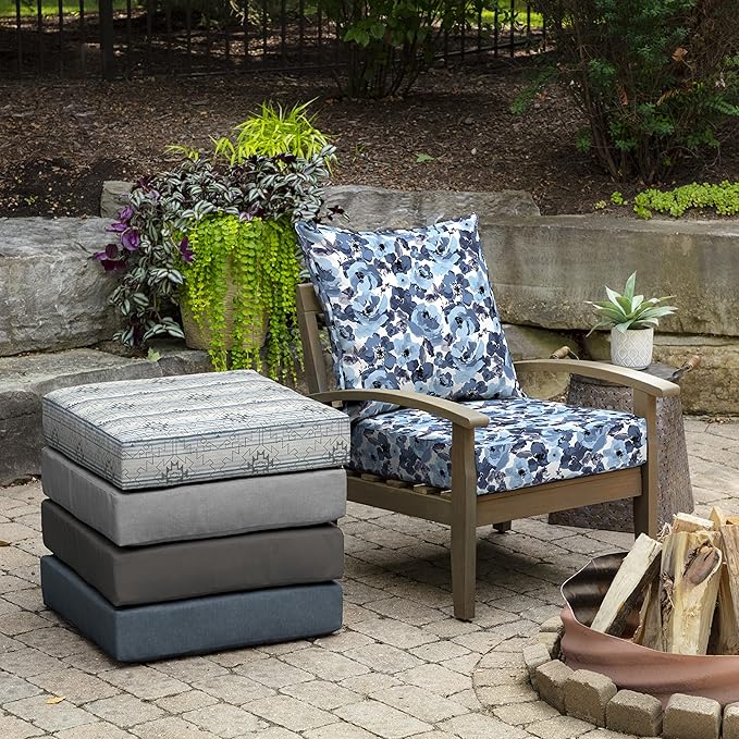 Arden Outdoor Deep Seat Cushion Set (2-Pack), 24 in x 24 in, Weather-Proof, Rain-Proof, Fade Resistant Patio Cushion for Chair, Sofa, and Couch Blue Garden Floral