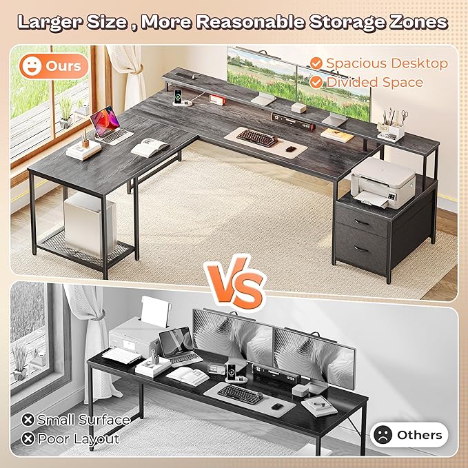 PRAISUN 66" L Shaped Gaming Desk with LED Lights & Power Outlets, Computer Desk with Fabric Drawers and Print Stand, Corner Office Desk, Monitor Stand, Mesh CPU Stand, Grey