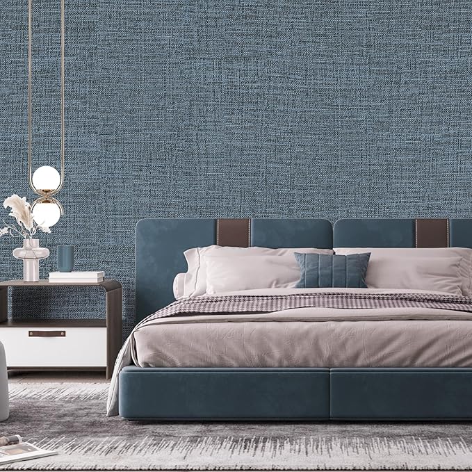 Blue Gray Grasscloth Peel and Stick Wallpaper 17.3"x300" Faux Linen Textured