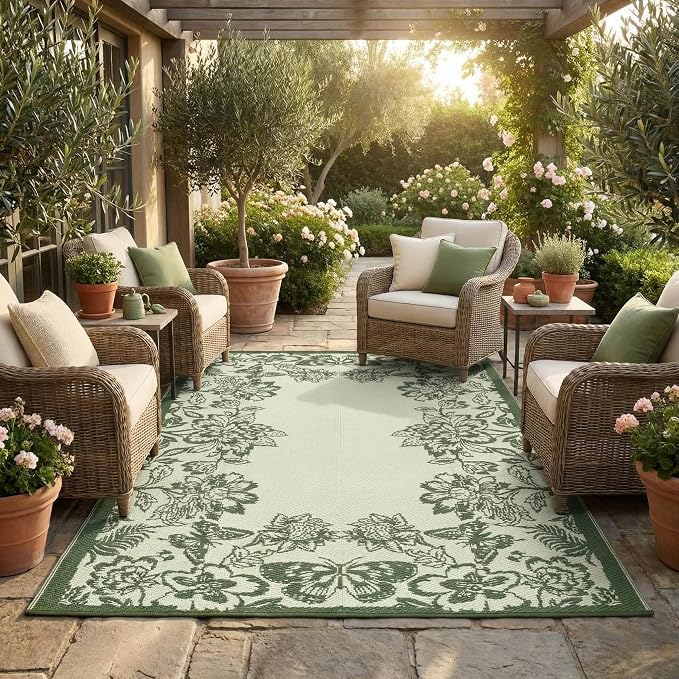 Garvee 5’x8’ Waterproof Patio Outdoor Rug, Outdoor Plastic Straw Rug for Camping, RV Mat Outside, Indoor Outdoor Carpet for Porch, Deck, Backyard, Balcony, Picnic, Ssage Green & White