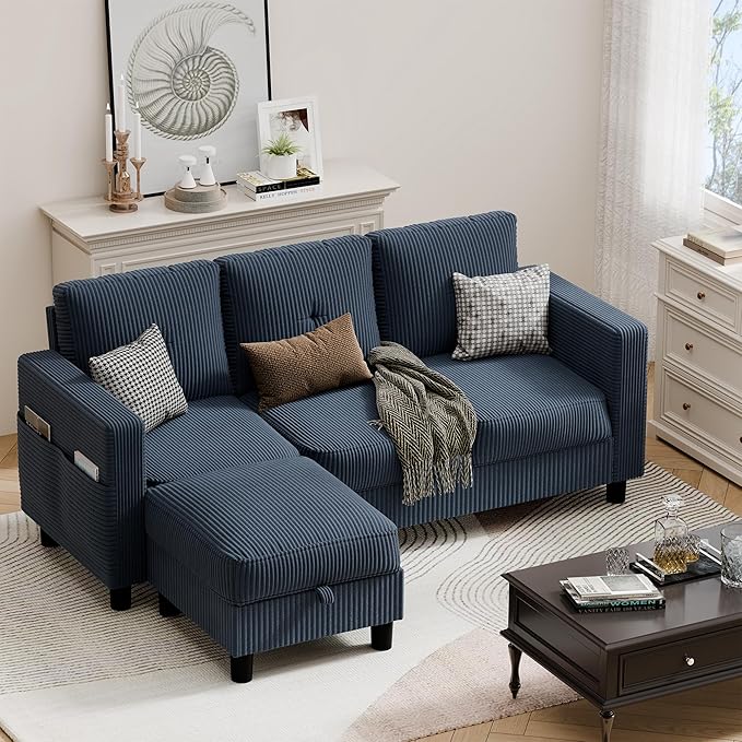 JAMFLY Convertible Sectional Couches for Living Room, L-Shaped Couch 3 Seat Sectional Sofa Set with Polyester Fabric and Movable Ottoman Small Couch for Apartments, Office(Blue)