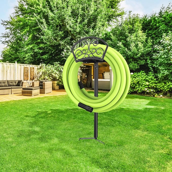GOFORWILD Garden Hose Holder, Decorative Durable Hose Hanger, Holds 125-Feet of 5/8-Inch Hose, Made of Gauge Steel, Free-Standing Design for Outside Yard Lawn, Black