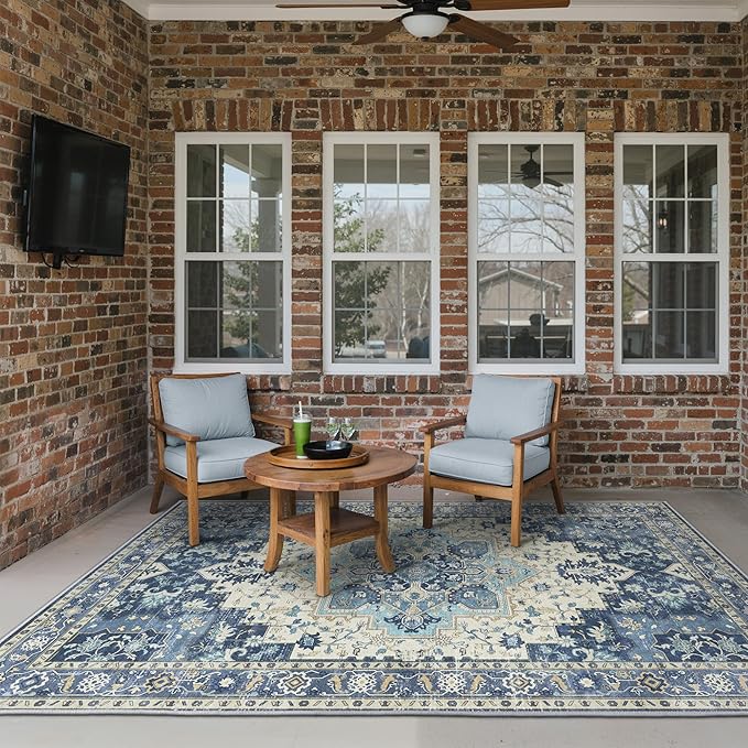 GENIMO Outdoor & Indoor Area Rug 5'x8', Waterproof, Non-Shedding, Easy Cleaning, Boho Mat for Patio, Living Room, Balcony, Dining Room, RV, Deck, Bedroom, Camping, Outside Carpet,Center Blue