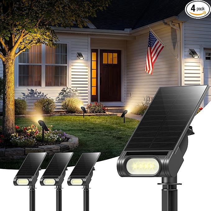 EZVALO Solar Spot Lights Outdoor IP67 Waterproof, Adjustable Solar Landscape Lights, 3 Lighting Modes Solar Spotlights for Outside Yard Garden Plant Trees Pathway Flag (Warm White-4Pack)