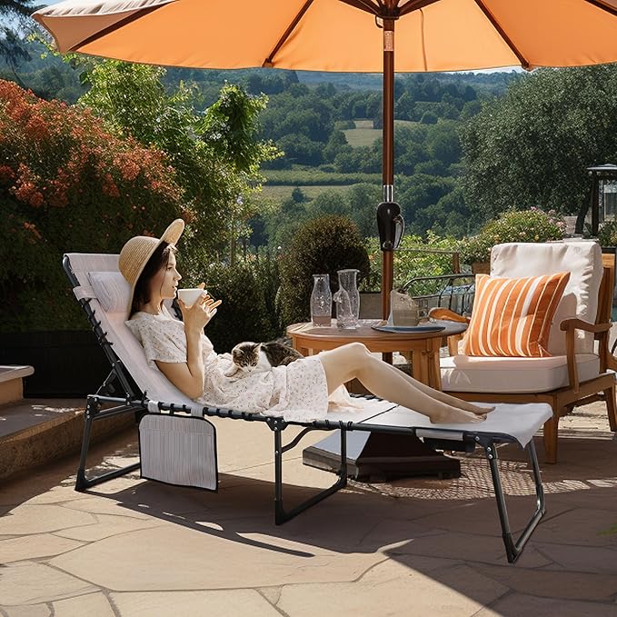 MUPATER Patio Chaise Lounge Chair for Outdoor with Face Hole, 4-Fold Ajustbale Backrest, Removable Pillow and Detachable Pocket, Portable Sun Lounger Recliner for Beach, Camping and Pool, Beige