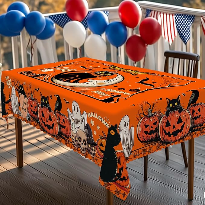 Eikione Rectangular Tablecloth 140x180inch, Halloween Batcat Tablecloth Waterproof and Wrinkle-Free, Table Covers, Summer Decorations for Home Dining