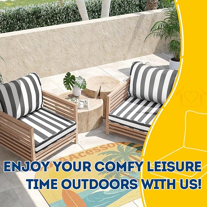 AAAAAcessories Outdoor Seat Cushions for Chairs, Fade-Resistant, Waterproof Patio Furniture Replacement Cushions, 22" x 24" x 5" + 22" x 19", Gray Cabana Stripe