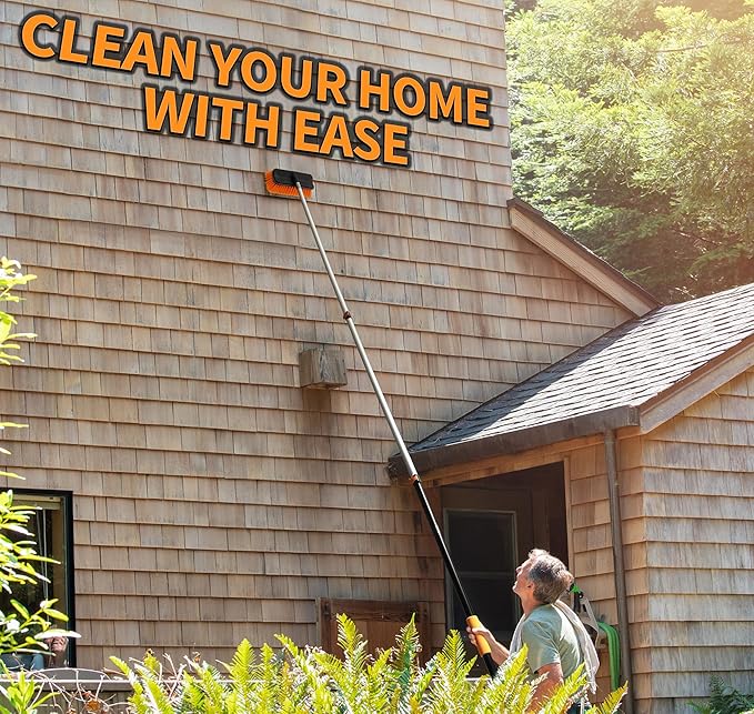 25 Foot Exterior House Cleaning Brush Set with 5-18 ft Extension Pole // Vinyl Siding Brushes with Telescopic Extendable Pole & Window Cleaning Squeegee Tool // The Ultimate Extension Scrub Brush Set