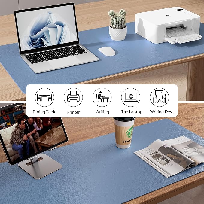 Aothia Leather Desk Pad Protector, Mouse Pad, Office Desk Mat, Non-Slip PU Leather Desk Blotter, Laptop Desk Pad, Waterproof Desk Writing Pad for Office and Home (Denim Blue, 36" x 17")