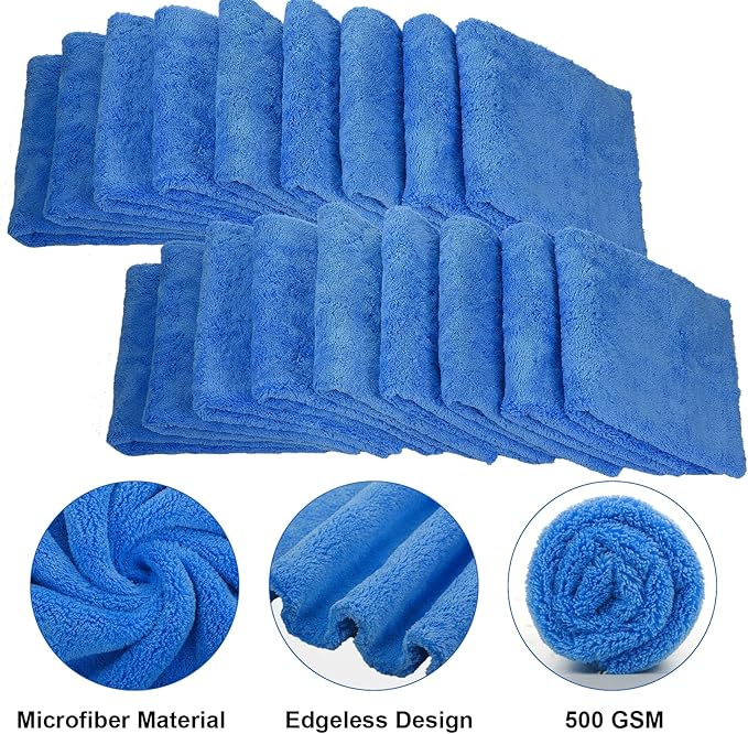 Shimeyao 40 Pcs 16 x 16 Inch Edgeless Microfiber Plush Towels for Cars Detailing Drying Wash Polishing Absorbent Cleaning Cloths, 500 GSM(Blue)