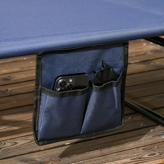 Outsunny Folding Chaise Lounge Pool Lounge Chairs Set of 2, Outdoor Sun Tanning Chairs with Canopy Shade, Reclining Back, Steel Frame and Side Pocket for Beach, Yard, Patio, Dark Blue