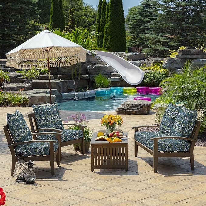 Arden Outdoor Deep Seat Cushion Set (2-Pack), 22 in x 24 in, Weather-Proof, Rain-Proof, Fade Resistant Patio Cushion for Chair, Sofa, and Couch Sapphire Aurora Blue Damask