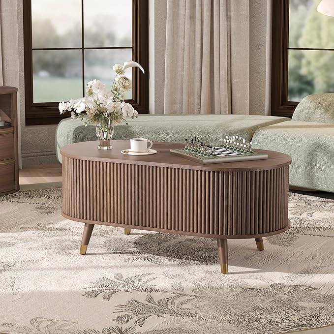 42.5" Oval Lift Top Coffee Table with Storage, Mid Century Modern Walnut Center Table with Fluted Design, Pop Up Coffee Table for Living Room,Solid Wood Legs & Hidden Compartment,