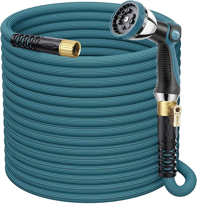 FlexiSolve Garden Hose 100 ft, Non-Expandable Lightweight Water Hose, 360° Swivel Anti-Kink Fittings, 10-Pattern Spray Nozzle & Shut-Off Valve, Flexible Water Hose for Yard, Lawn, Car Wash, Blue