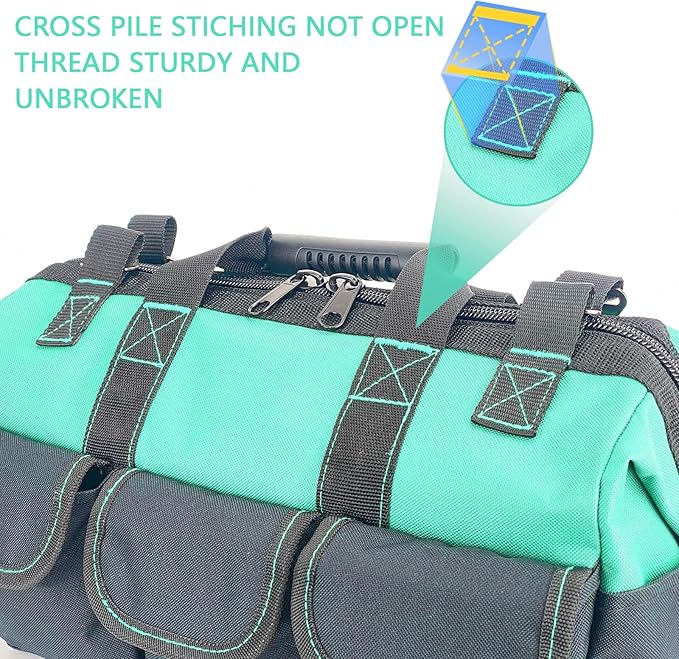 Women Garden Tools Bag 16inch Wide Mouth Tool Bag with Molded Base and Plastic-Padded, Inside Pockets for Tool Storage and Organization,600D polyester fabric (Teal color)