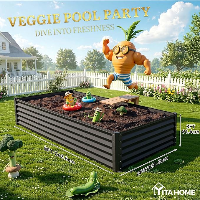 YITAHOME 8x4x3ft Large Raised Garden Bed Kit, Galvanized Metal Planter Box with Gloves, Support Rod & Safety Rubber, Outdoor Above Ground Planters for Plants Vegetables Flowers, Black
