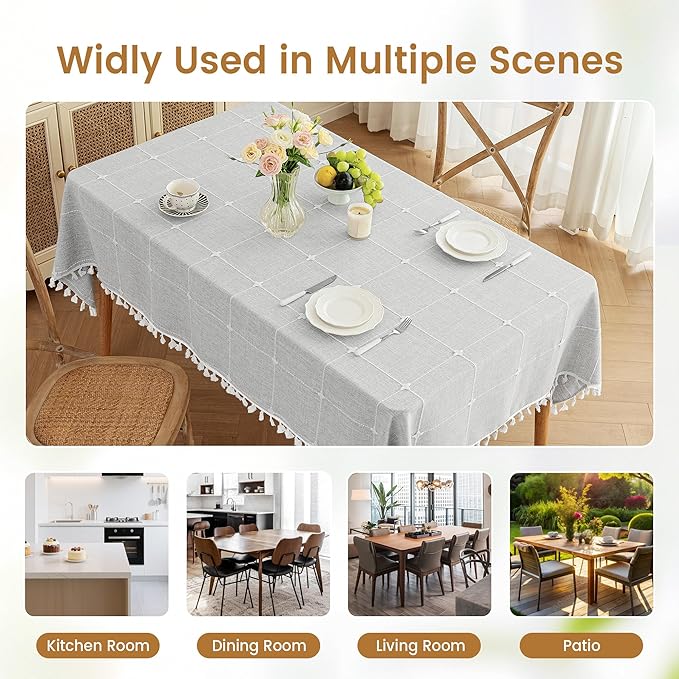puredown® Plaid Rectangle Tablecloth, Waterproof Cotton Linen Tablecloth with Tassel, Rustic Farmhouse Table Cloths for Kitchen Dining Outdoor, 55"x86",6-8 Seats, Gray