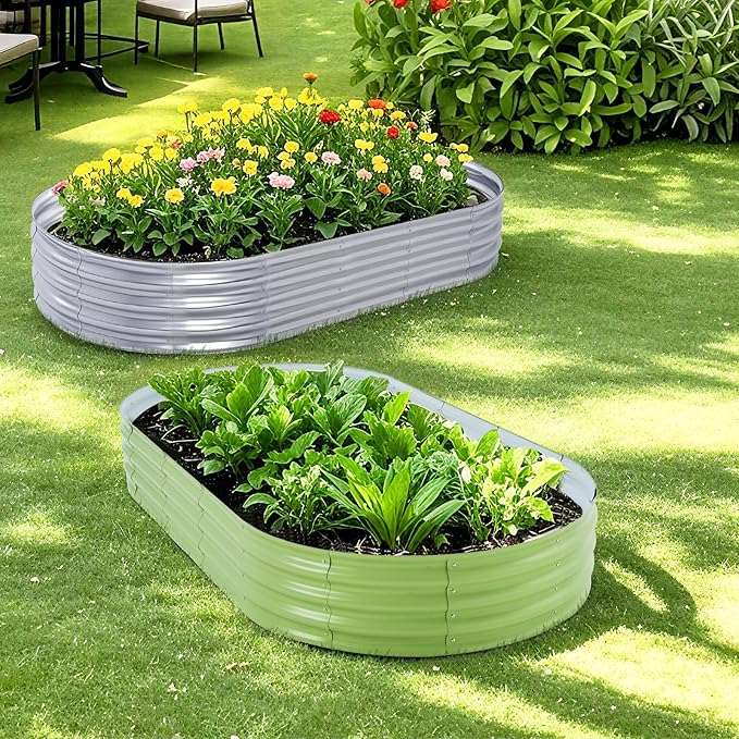 Galvanized Raised Garden Bed Kit, Planter Garden Boxes Outdoor, Oval Large Metal for Vegetables Fruits, Flowers Planter Boxes, Easy Assembly Garden Bed Kit (Silver, 8×4×1FT (1-Pack)