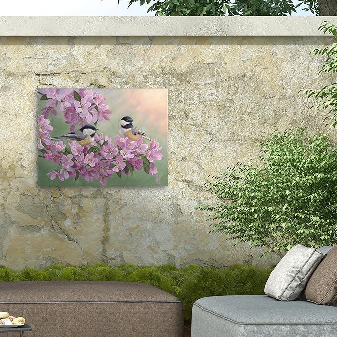 Outdoor Canvas Art - Jeff Hoff 'Spring Glow Chickadees' Wall Art for Outdoor Spaces, Patios, or Gardens by Trademark Fine Art