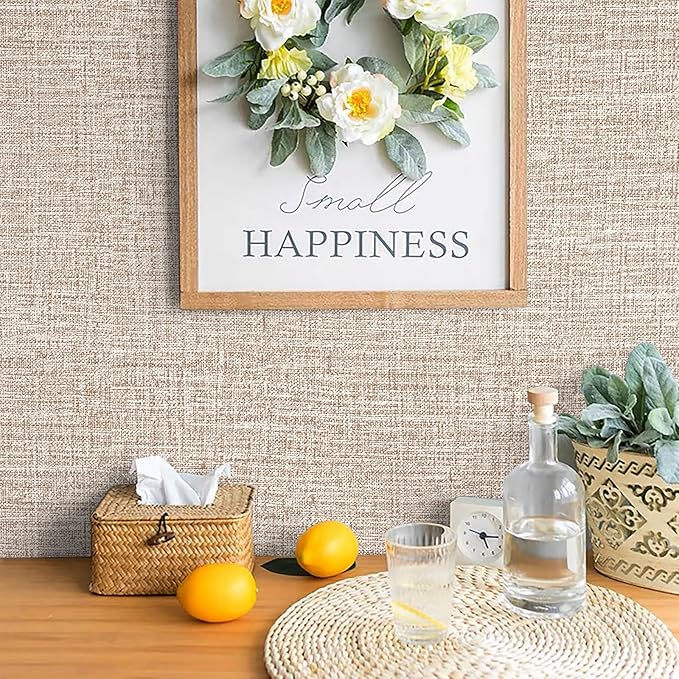 Khaki Grasscloth Peel and Stick Wallpaper 17.3"x120" Faux Linen Textured