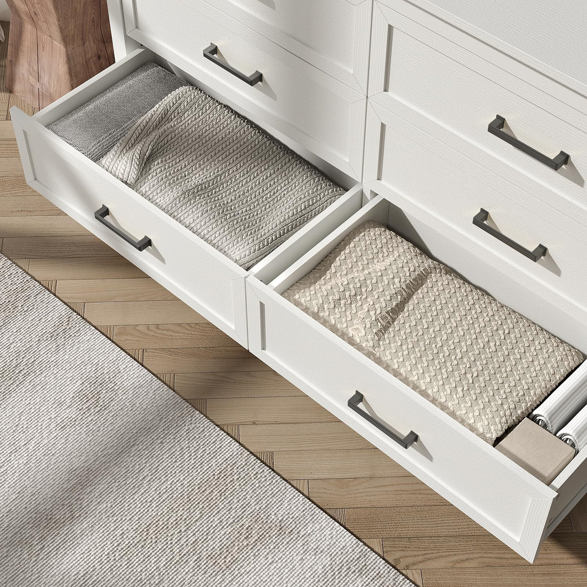 BAZELOR Farmhouse White 6 Drawers Dresser for Bedroom, Wood Rustic Wide Chest with Natural Texture, Storage Dressers Organizer for Bedroom, Hallway, Entryway