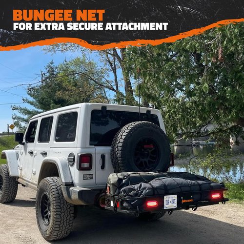 Mockins 60"x20"x6" Folding Trailer Hitch Cargo Carrier w/License Plate Holder, Rear Lights & More | 500Lbs. Cap Cargo Carrier Hitch Mount Basket | Weatherproof Luggage Rack for SUV, Car, Truck & RV