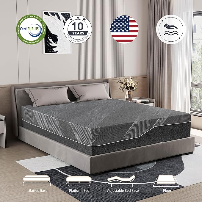 Twin Mattress 14 Inch Charcoal Memory Foam Mattress in a Box, CertiPUR-US Certified, Fiberglass Free Gel Mattress, Twin Size Mattress for Kids, 75" × 38" × 14", Medium
