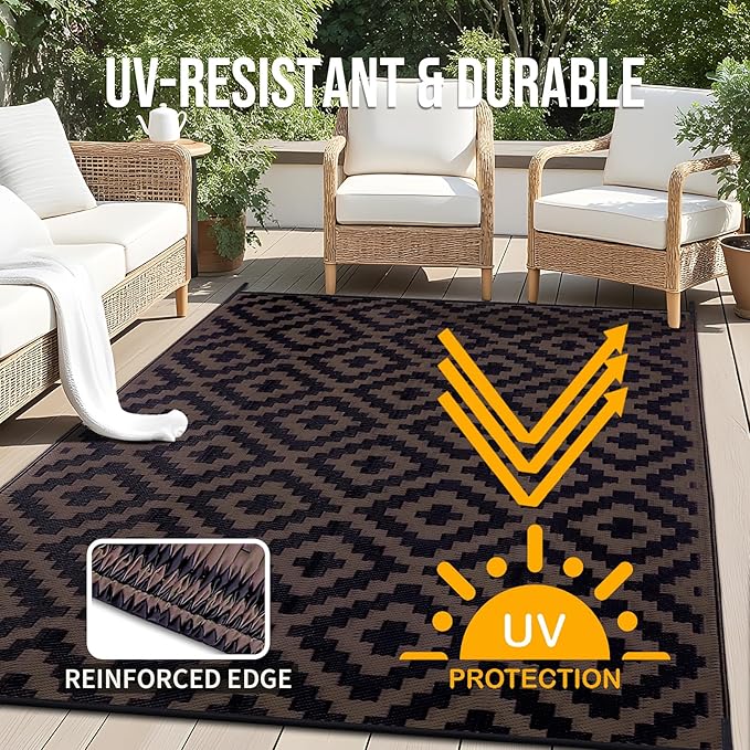 OLANLY Waterproof Outdoor Rug 9x18 ft, Outdoor Plastic Straw Rug for Camping, RV Mat Outside, Outdoor Carpet for Porch, Deck, Backyard, Balcony, Picnic, Black & Brown