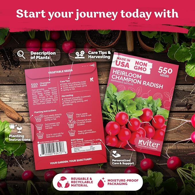 KVITER 550 Champion Radish Seeds (Raphanus Sativus) - Red Radish, Crisp Firm Roots, Non-GMO, Fast Growing, Heirloom Seed Packets- Ideal Vegetable Seeds for Home Garden, Containers, Outdoor Beds