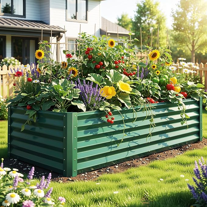 YITAHOME 6x3x1.5 2pcs Large Raised Garden Bed Kit, Galvanized Metal Planter Box with Gloves, Support Rod, Outdoor Above Ground Planters for Plants Vegetables Flowers, Green