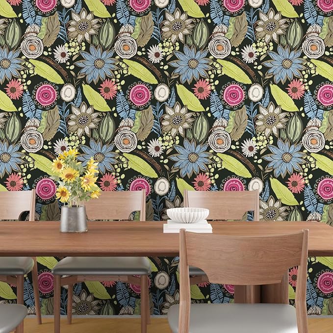 Dark Green Wallpaper Peel and Stick, Boho Vintage Floral Contact Paper